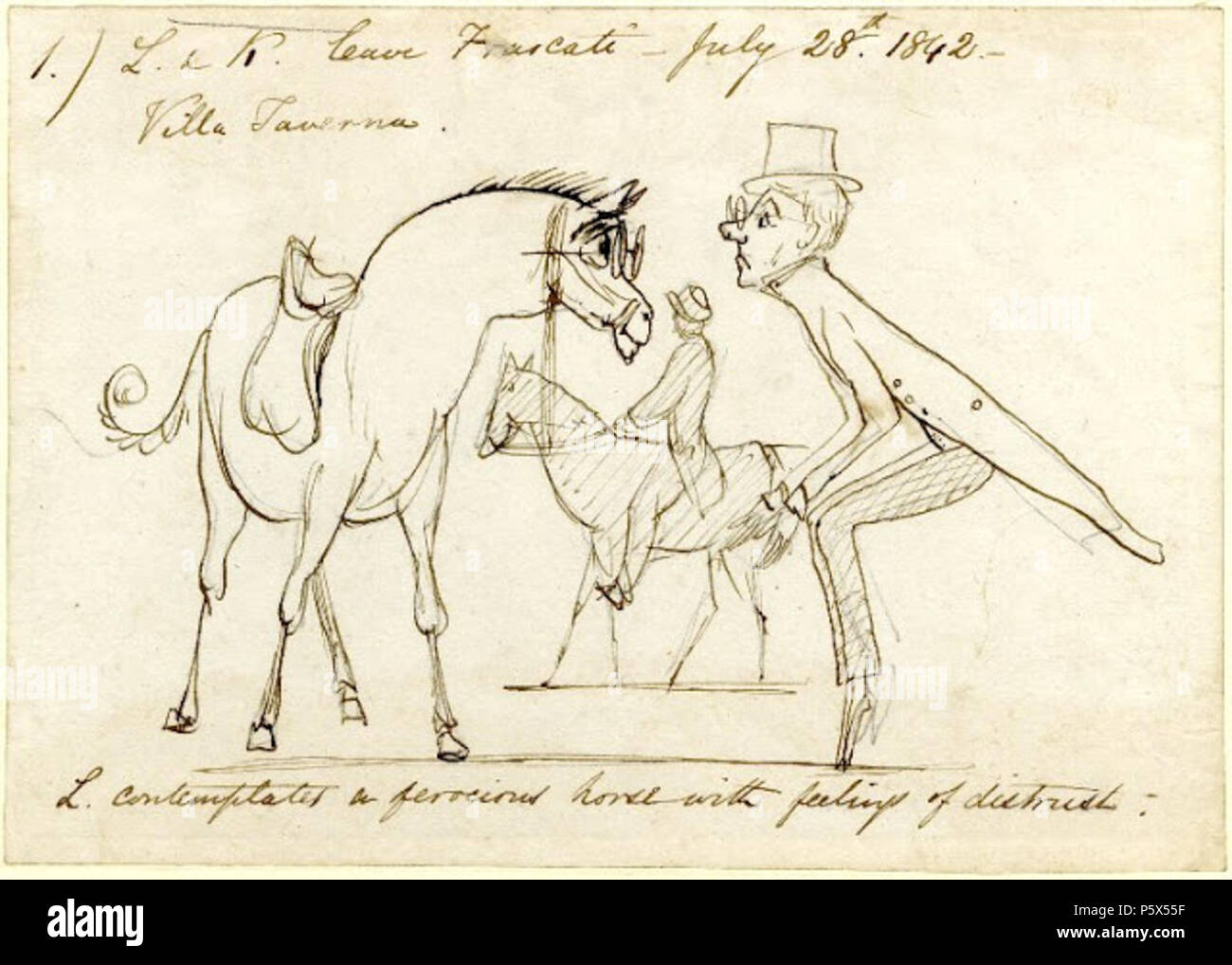 N/A. Anglais : 1842 sketch par Edward Lear, partie d'une série documentant sa tournée italienne à cheval avec son ami Charles Knight, un des fils de John Knight (1765-1850), Château de Lea Wolverley, et de Simonsbath House, Exmoor, Somerset. Légende : "L & K quitter Frascati, le 28 juillet 1842, la Villa Taverna. L'envisage un cheval féroce avec des sentiments de méfiance". Plume et encre brune, sur graphite 13,4 x 19,3 cm. British Museum, Londres . 1842. Edward Lear (d.1888) 495 EdwardLear "L'envisage un cheval féroce avec des sentiments de méfiance" Banque D'Images