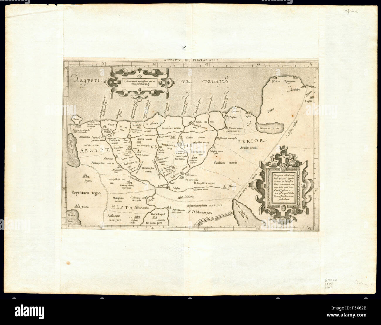 N/A. Pro équidistants Meridiani ratione 56 paralleli, 30 1/2. En haut au titre : l'annexe III. Tabulae Afr : basée sur la Géographie de Ptolémée. La carte couvre le delta du Nil. (Description de : North West University Library) . 1618. Gerardus Mercator (1512-1594) Noms alternatifs Gerardo Mercatore ; Gerard De Kremer, Gerard de Cremere ; Gerhard Mercator ; Gérard Mercator géographe, mathématicien Description et cartographe Date de naissance/décès 5 mars 1512 / 5 mars 1512 2 décembre 1594 Lieu de naissance/décès Rupelmonde Duisburg période de travail, à partir de 1535 jusqu'à 1592 lieu de travail Leuven, Duisbur Banque D'Images