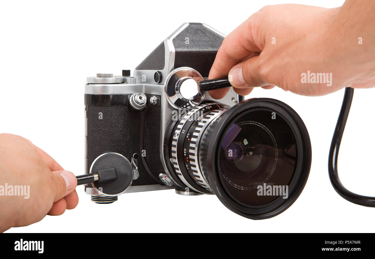 Ancien appareil photo Réparation avec stéthoscope. Service de vintage matériel photographique. Banque D'Images