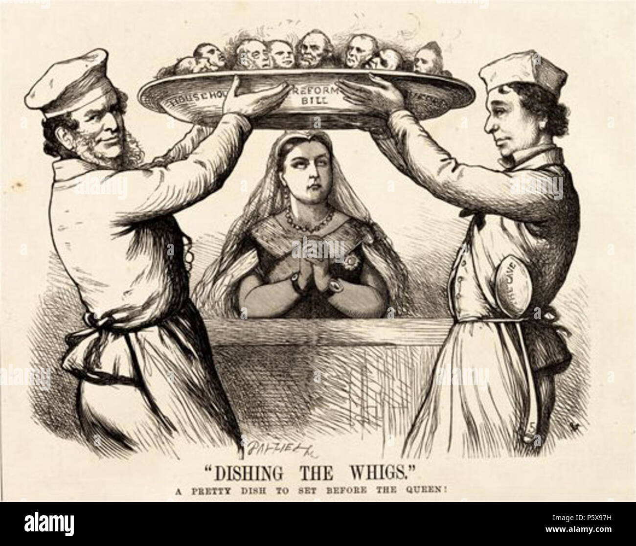 N/A. Anglais : Cartoon : 'Dpêche les Whigs' de Fun, 24 août 1867, p. 251Lord Derby, premier ministre conservateur, et Benjamin Disraeli, chancelier de l'Échiquier, 'Dish' leurs adversaires en introduisant plus de réformes libérales que les Whigs/libéraux avaient envisagé. . Henry E. Doyle (1827-1892) 457 l'effet de cuvette-le-Whigs-1867 Banque D'Images