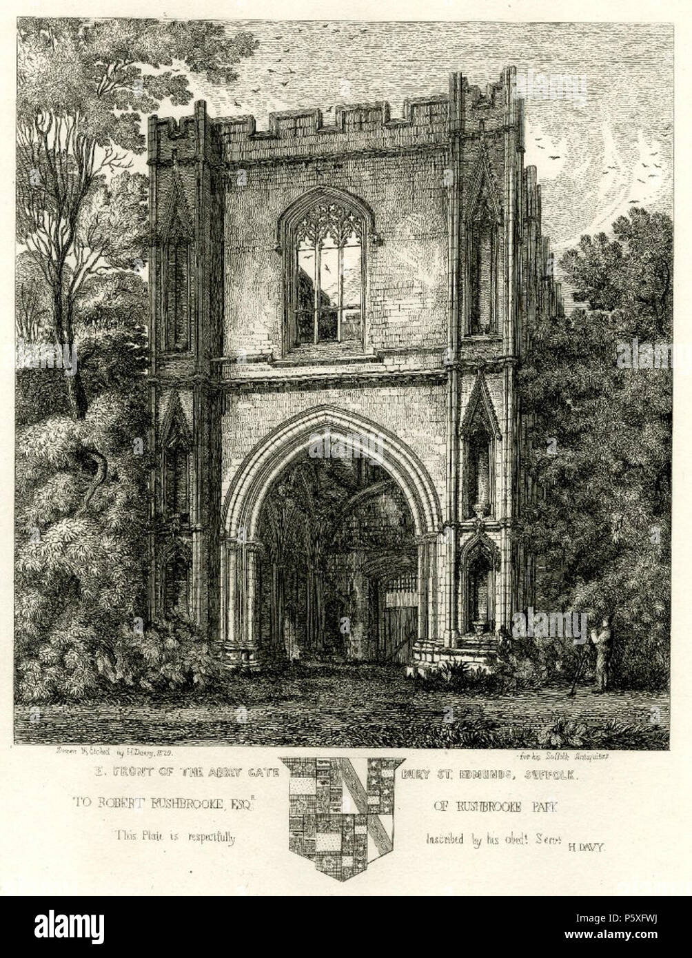 N/A. English : 'East Front de l'abbaye Gate Bury St Edmunds, Suffolk, l' eau-forte, par le graveur britannique Henry Davy. 298 mm x 238 mm. Avec la permission du British Museum, Londres. 1827. Henry Davy 491 East Front de l'abbaye de Bury St Edmunds Suffolk porte par Henry Davy Banque D'Images