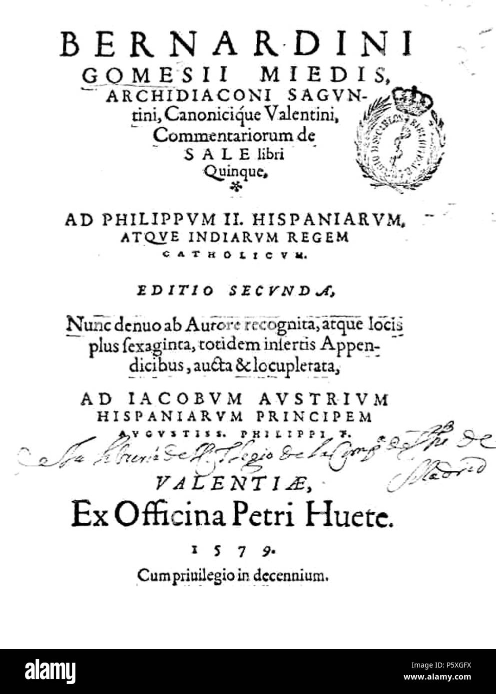 N/A. Español : Bernardino Gómez, Miedes de Sal Commentariorum Libri Quinque, 1579 . 1579. Bernardino Gómez Miedes 372 Commentariorum de vente Libri Quinque Banque D'Images