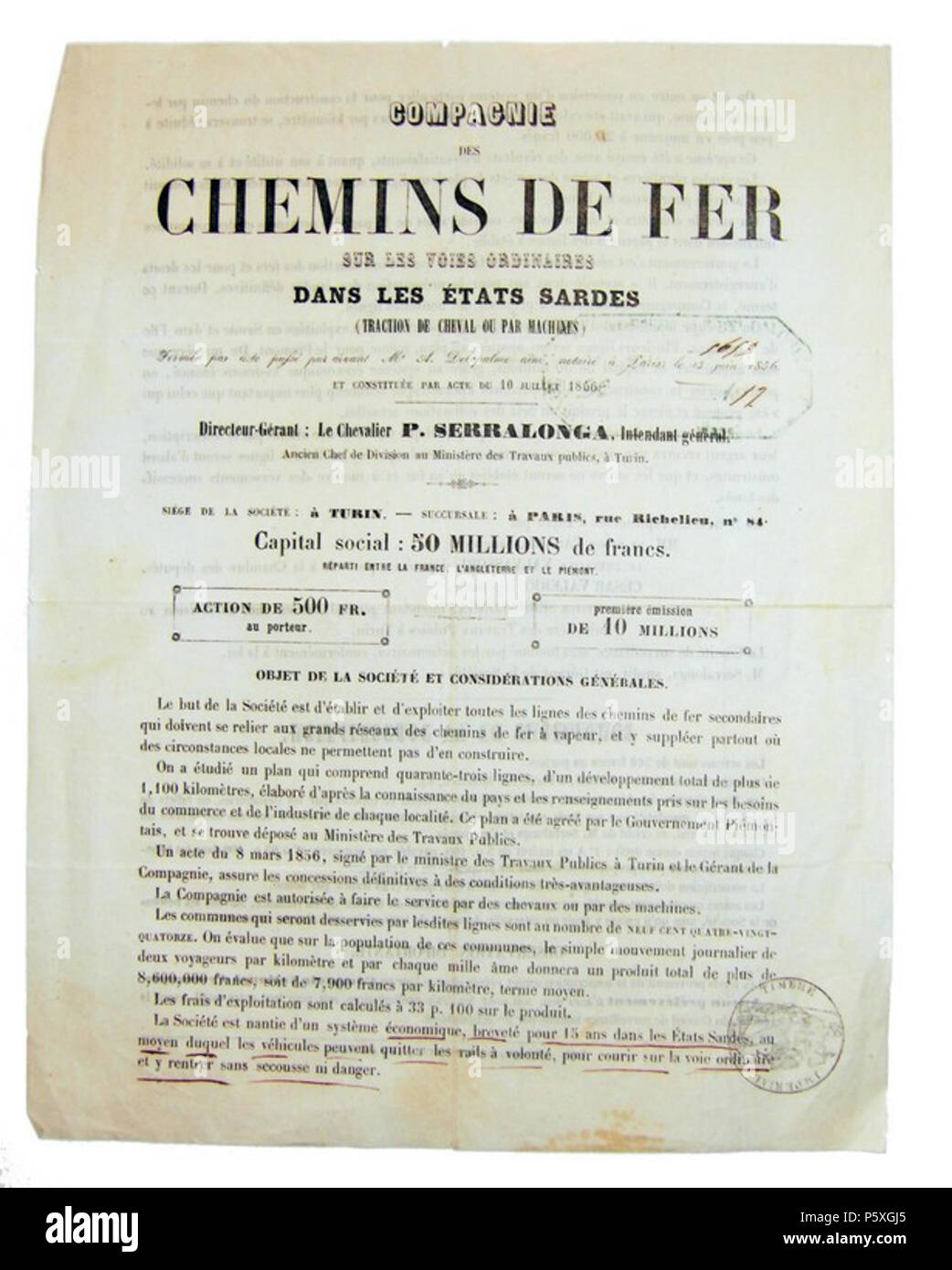 Italiano : Compagnie des chemins de fer sur les voies ordinaires dans les Etats Sardes, 1859 . Italiano : Volantino pubblicitario della La Compagnie des chemins de fer sur les voies ordinaires dans les Etats Sardes, un costituita il 10 luglio 1856 Torino con succursale a Parigi, 1859 (AS Roma, Ministero del Commercio, belle arti, industria, agricoltura e Lavori pubblici, b. 455, fasc. 2) . 1859. N/A 372 Compagnie des chemins de fer sur les voies ordinaires dans les Etats Sardes, 1859 - san SAN dl IMG-00003713 Banque D'Images