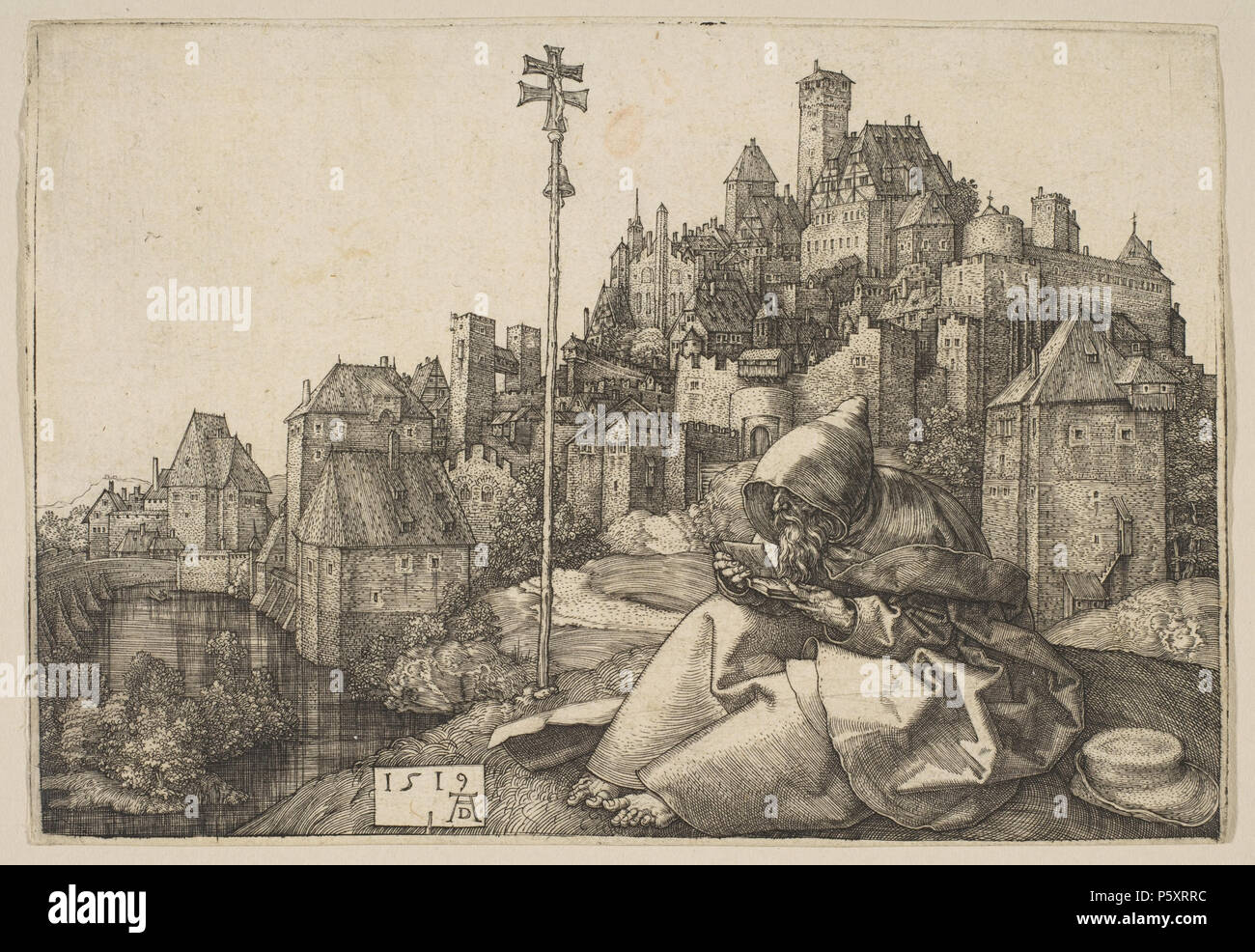 N/A. Anglais : Saint Antoine le Grand, (St. Anthony de l'Égypte, du désert, etc.), est considéré comme le premier ermite chrétien. Il a été un sujet de prédilection pour les artistes. Dans cette gravure, Dürer a juxtaposé le Saint avec sa croix et de bible avec le monde urbain, il a laissé derrière lui. Formellement, la conception du moine fait écho à celui de la ville, ce qui suggère que l'ermite est un monde en lui-même. La ville elle-même s'inspire d'un travail antérieur de Dürer, le dessin Pupila Augusta. Il est également vu dans le fond de sa 1506 Fête de la Rose de guirlandes. 1519. Albrecht Dürer. 486 Dürer-st-anthony-15 Banque D'Images