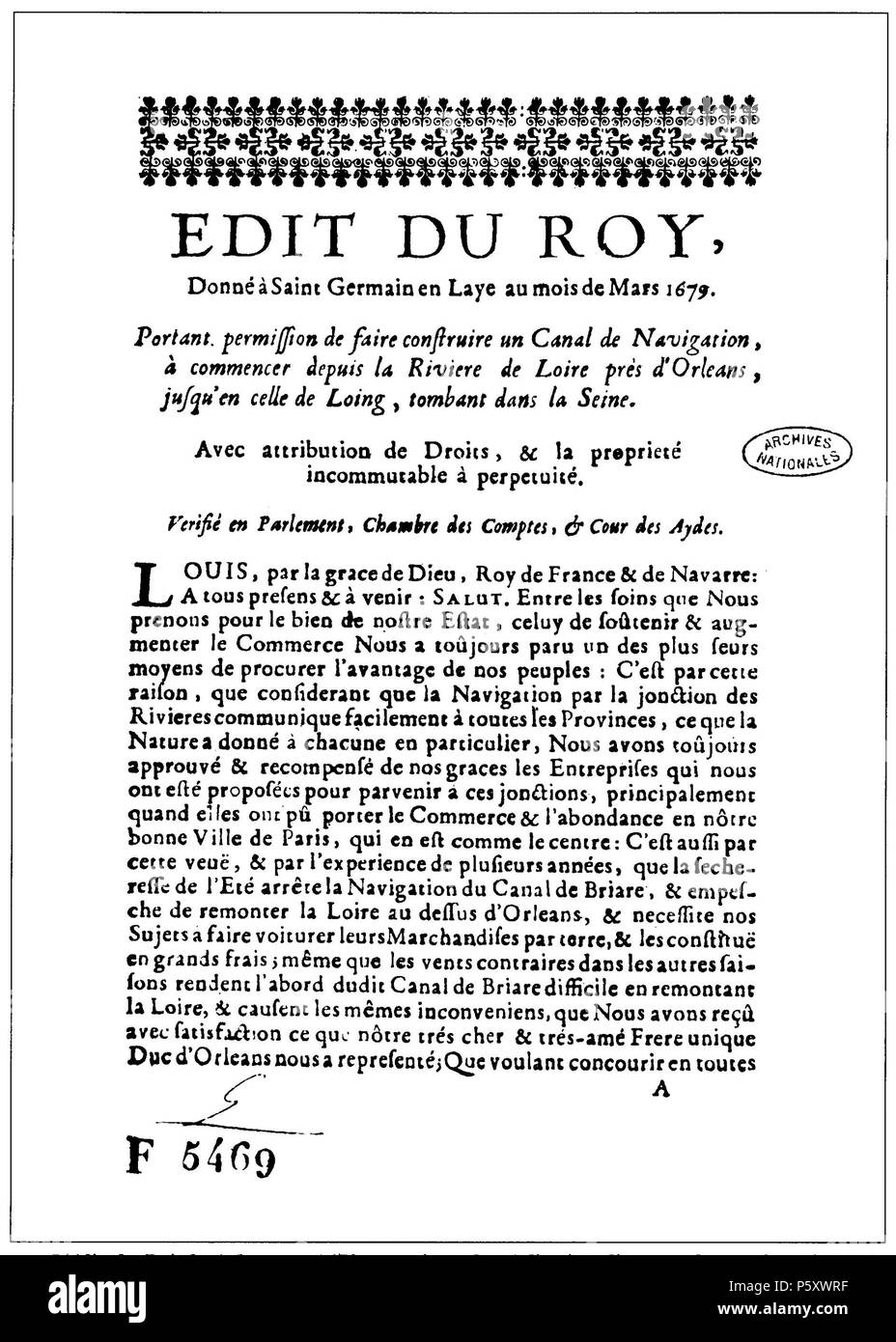 Edit De St Germain En Laye 1679 N/A. Édit de mars 1679 du roi Louis XIV, autorisant la réalisation d'un  canal entre la Loire et le Loing. 1679. Document public 493 Edit 1679 Photo  Stock - Alamy