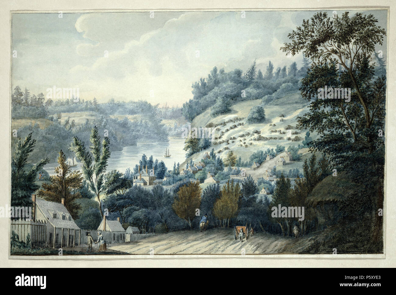 N/A. English : 'Queenstown, Upper Canada sur le Niagara' [maintenant connue sous le nom de Queenston (Ontario)] par Edward Walsh. Date de l'image entre 1803 et 1807. Cette aquarelle montre le village de Queenston, dans la province canadienne de l'Ontario, connu sous le nom de 'Upper Canada' avant 1841. Les voyageurs à cheval, panier, et pied de traverser le large chemin de terre, tandis que les maisons sont près de la rive de la rivière Niagara. Queenston est juste au nord des chutes du Niagara et le site de la la bataille de Queenston Heights, le 13 octobre 1812, lors de la guerre de 1812, lorsque les Canadiens et les Britanniques a défait les forces américaines qui ont envahi Banque D'Images