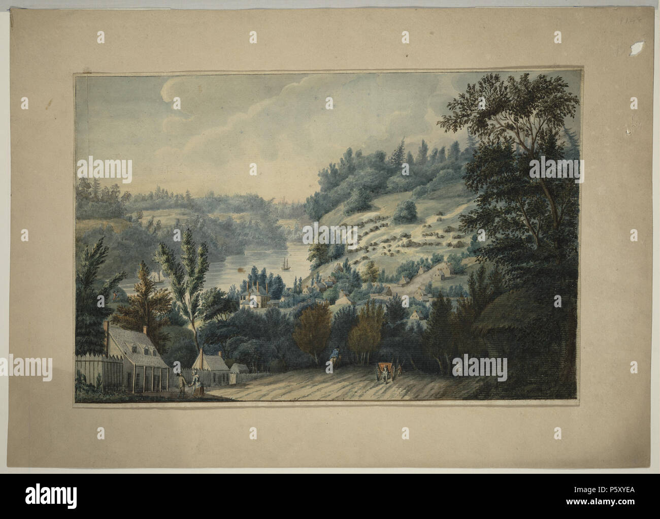 N/A. 'Queenstown [maintenant connue sous le nom de Queenston], Upper Canada sur le Niagara' par Edward Walsh. Date de l'image entre 1803 et 1807, cette aquarelle montre le village de Queenston, dans la province canadienne de l'Ontario, connu sous le nom de 'Upper Canada' avant 1841. Les voyageurs à cheval, panier, et pied de traverser le large chemin de terre, tandis que les maisons sont près de la rive de la rivière Niagara. Queenston est juste au nord des chutes du Niagara et le site de la la bataille de Queenston Heights, le 13 octobre 1812, lors de la guerre de 1812, lorsque les Canadiens et les Britanniques a défait les forces américaines qui ont envahi la ville. Edward W Banque D'Images