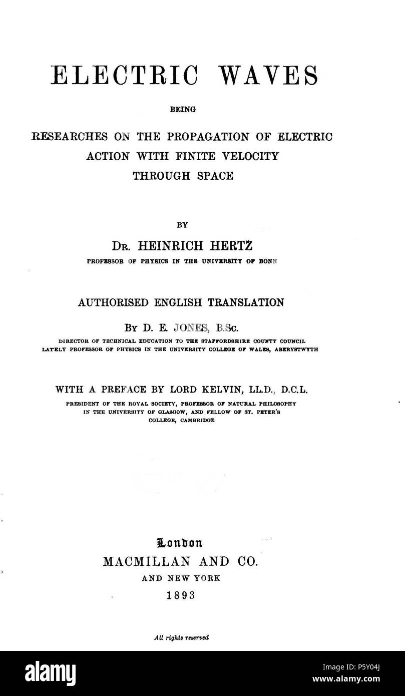 N/A. Anglais : page de couverture de la traduction anglaise de  "Untersuchungen über die ausbreitung der elektrischen kraft'. La saleté et  la bibliothèque stamp retiré avec GIMP outil clone, aussi aiguisés. 1893.