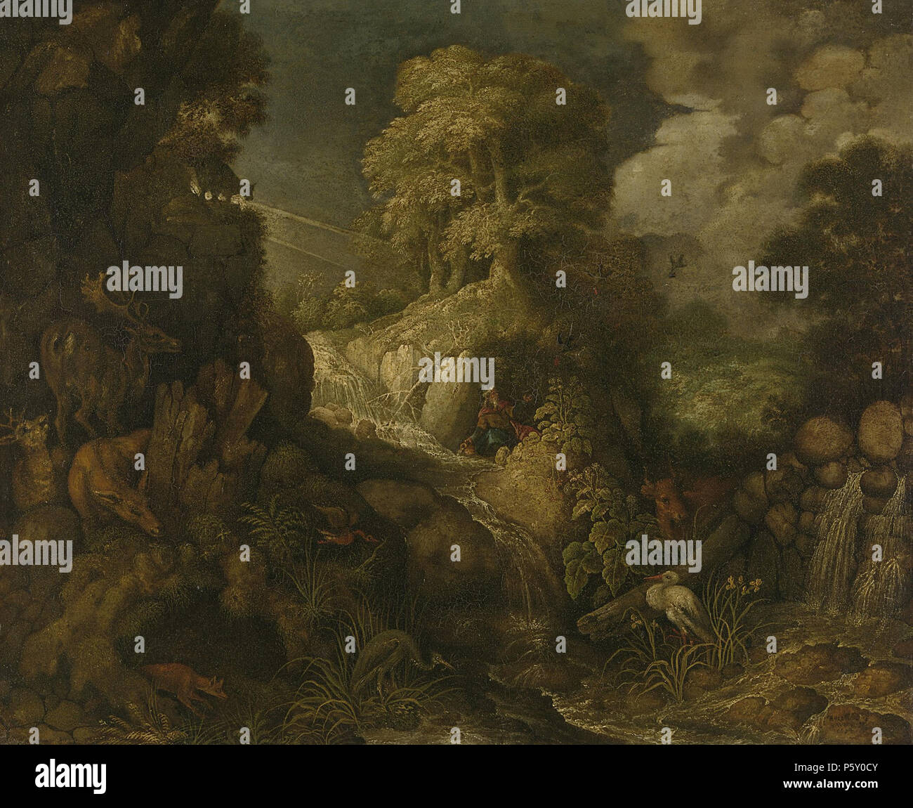 Elia door de raven gevoed . Nederlands : een heuvelachtig landschap Elia wordt door de Raven. gevoed Tussen de rotsen en bomen loeren allerlei dieren (herten, vos, reiger, ooievaar). De profeet naast knielt bergbeek overgaat die een een dans watervalletje, rechts een grotere waterval. . 1634. N/A 504 porte Elia de raven gevoed Rijksmuseum SK-A-1297 Banque D'Images