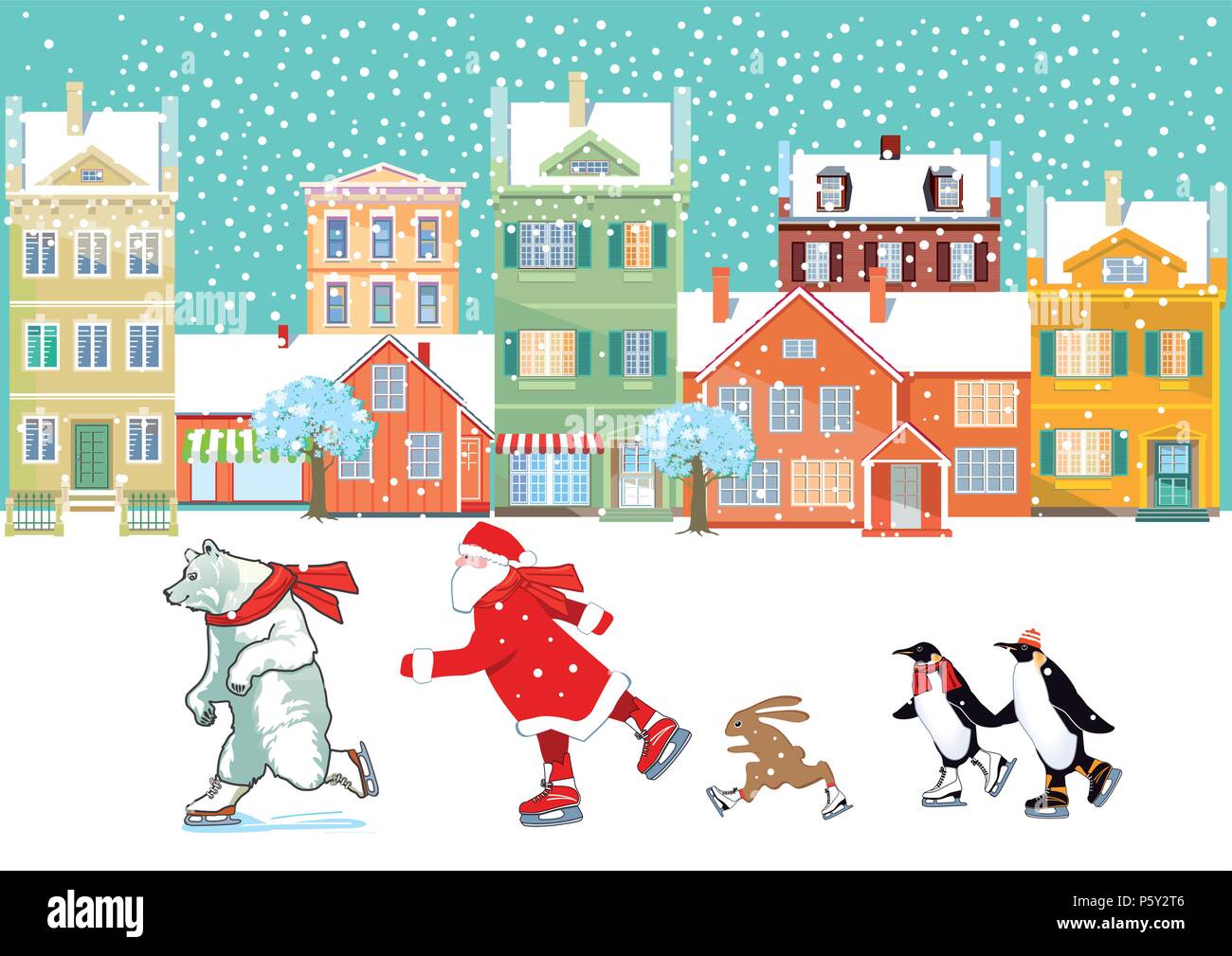Père Noël avec l'ours polaire, pingouin et bunny skating, illustration Illustration de Vecteur