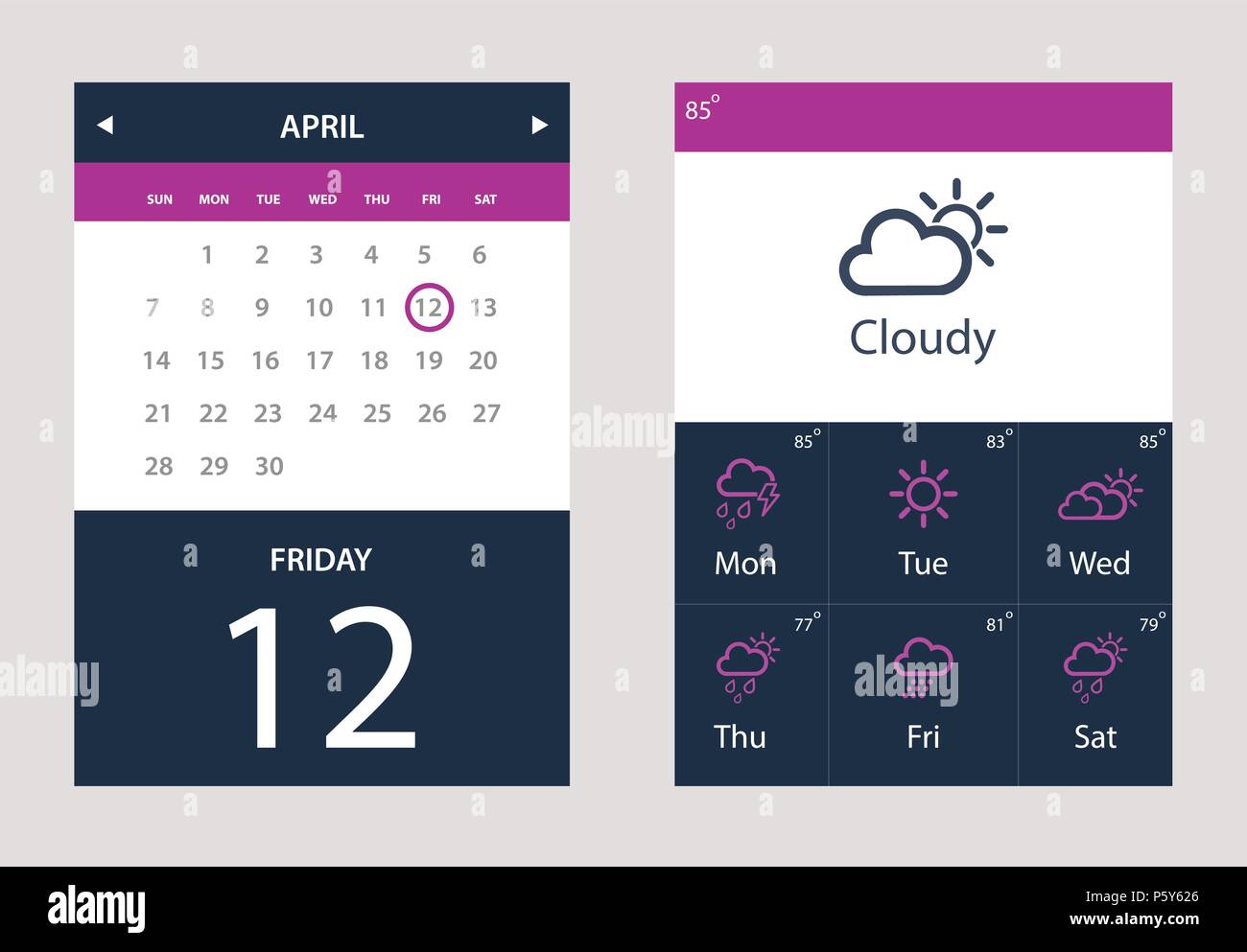 Vector set de météo et calendrier de l'INTERFACE UTILISATEUR Widget Illustration de Vecteur