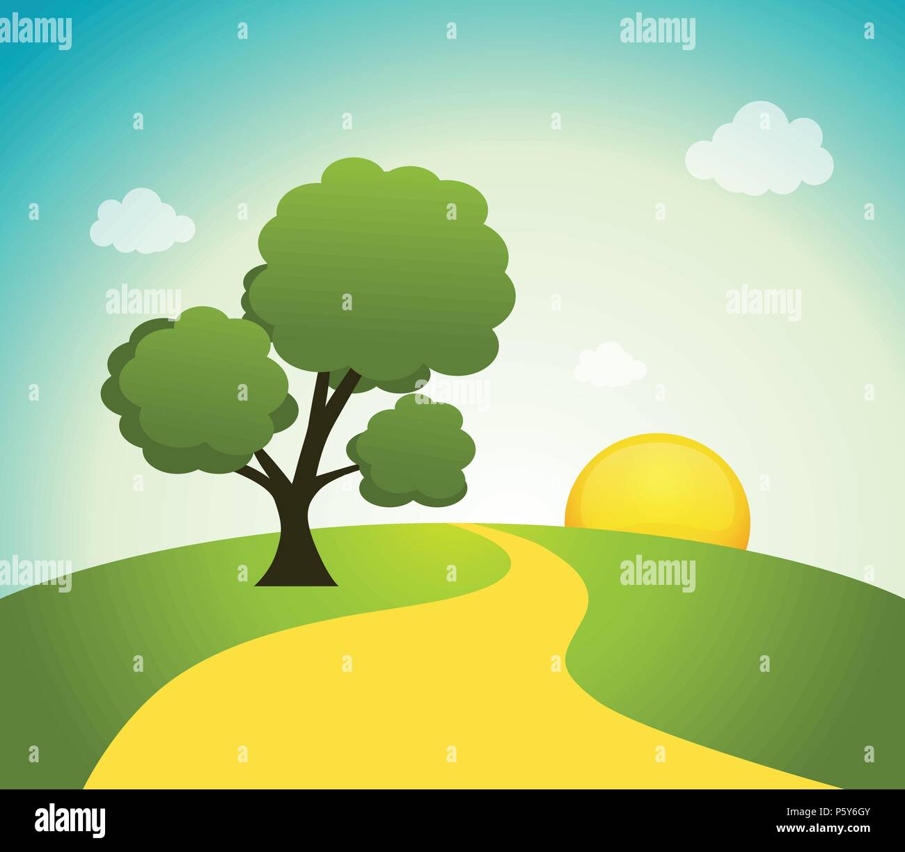 Illustration vecteur de champ, arbre et lever du soleil Ciel Illustration de Vecteur