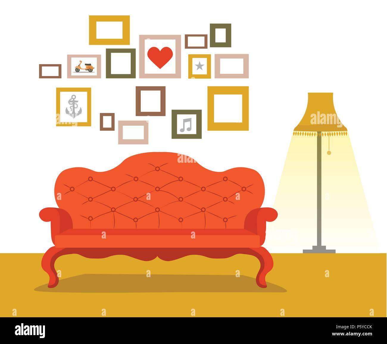 Retro canapé rouge avec lampe de style plat Illustration de Vecteur