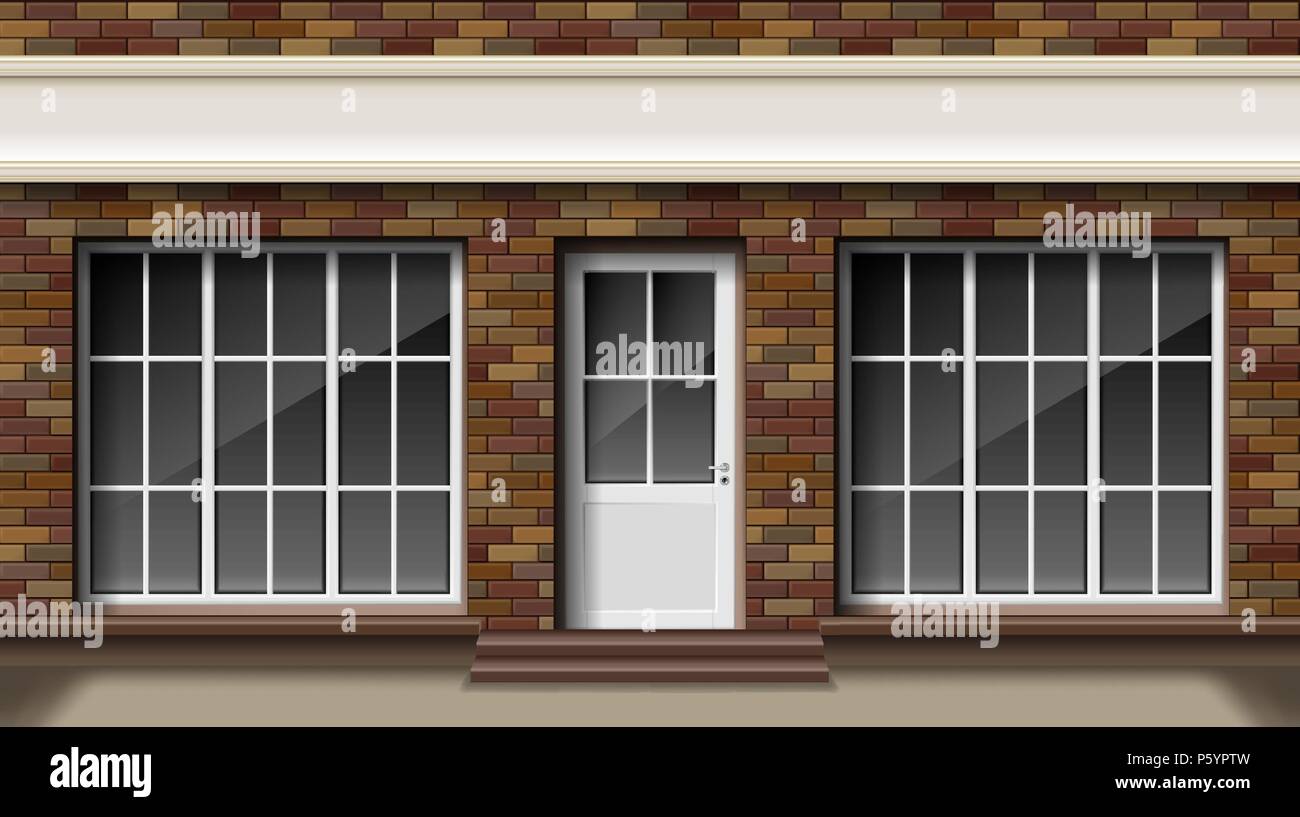 Petite brique magasin ou boutique 3d façade avant. Boutique boutique vide extérieur avec grande fenêtre. Maquette en blanc élégant de rue réaliste shop. Vector illustration Illustration de Vecteur