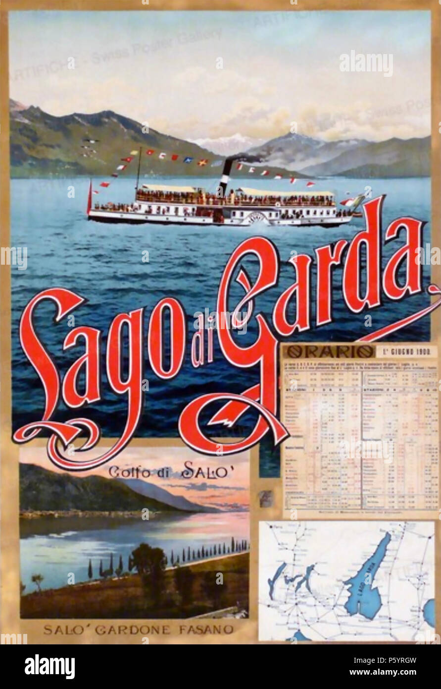 Le lac de Garde, Italie. À propos de l'affiche de 1905 montrant le bateau à aubes Italia Banque D'Images