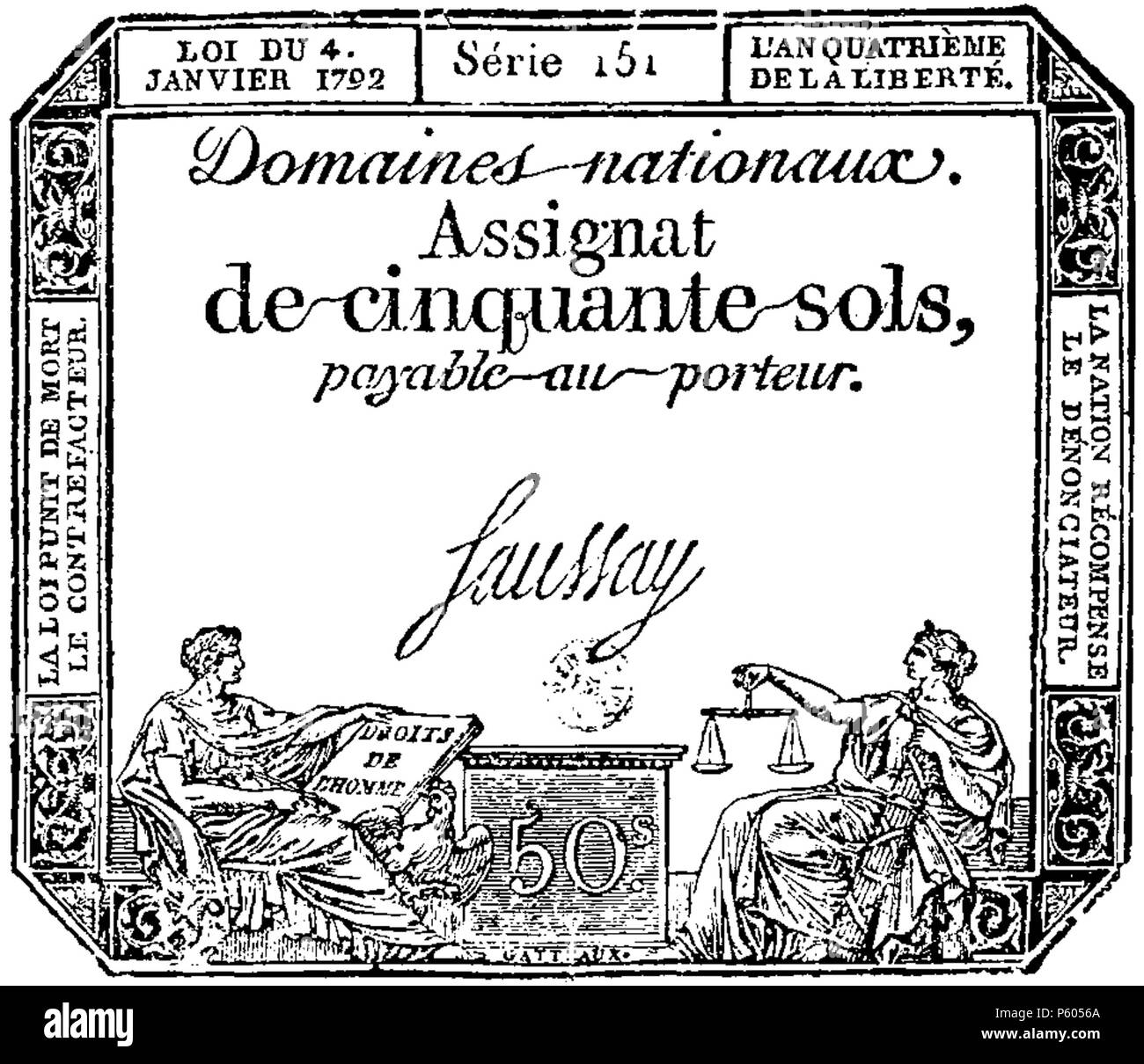 398 D048- assignat de cinquante sols - Liv3-Ch16 Banque D'Images