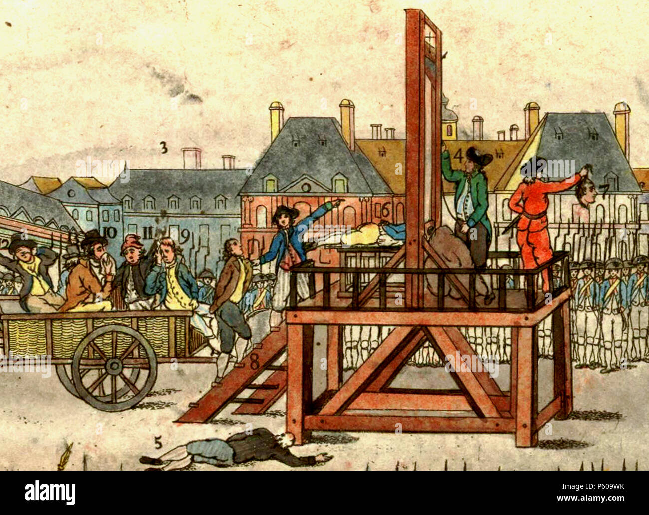 N/A. Deutsch : Die Hinrichtung Robespierres senneur Anhänger Und am 28. Juli 1794 Anglais : l'exécution de Robespierre et de ses partisans le 28 juillet 1794. Remarque : l'homme décapité (6) n'est pas Robespierre, mais Couthon : Maximilien Robespierre (10) est montré assis sur le chariot, habillé en marron, portant un chapeau et tenant un mouchoir à sa bouche. Son jeune frère Augustin (8) est dirigée vers le haut les étapes à l'échafaud. English : Exécution de Robespierre et de ses complices conspirateurs contre la liberté et l'égalité : vive la Convention nationale qui par son énergie et une surveillance délivré Banque D'Images