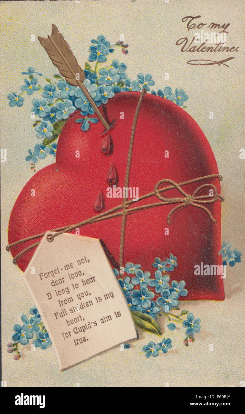1909 Vintage Valentine Bonjour Carte Postale, pas Myosotis, flèche de Cupidon et le Cœur Banque D'Images