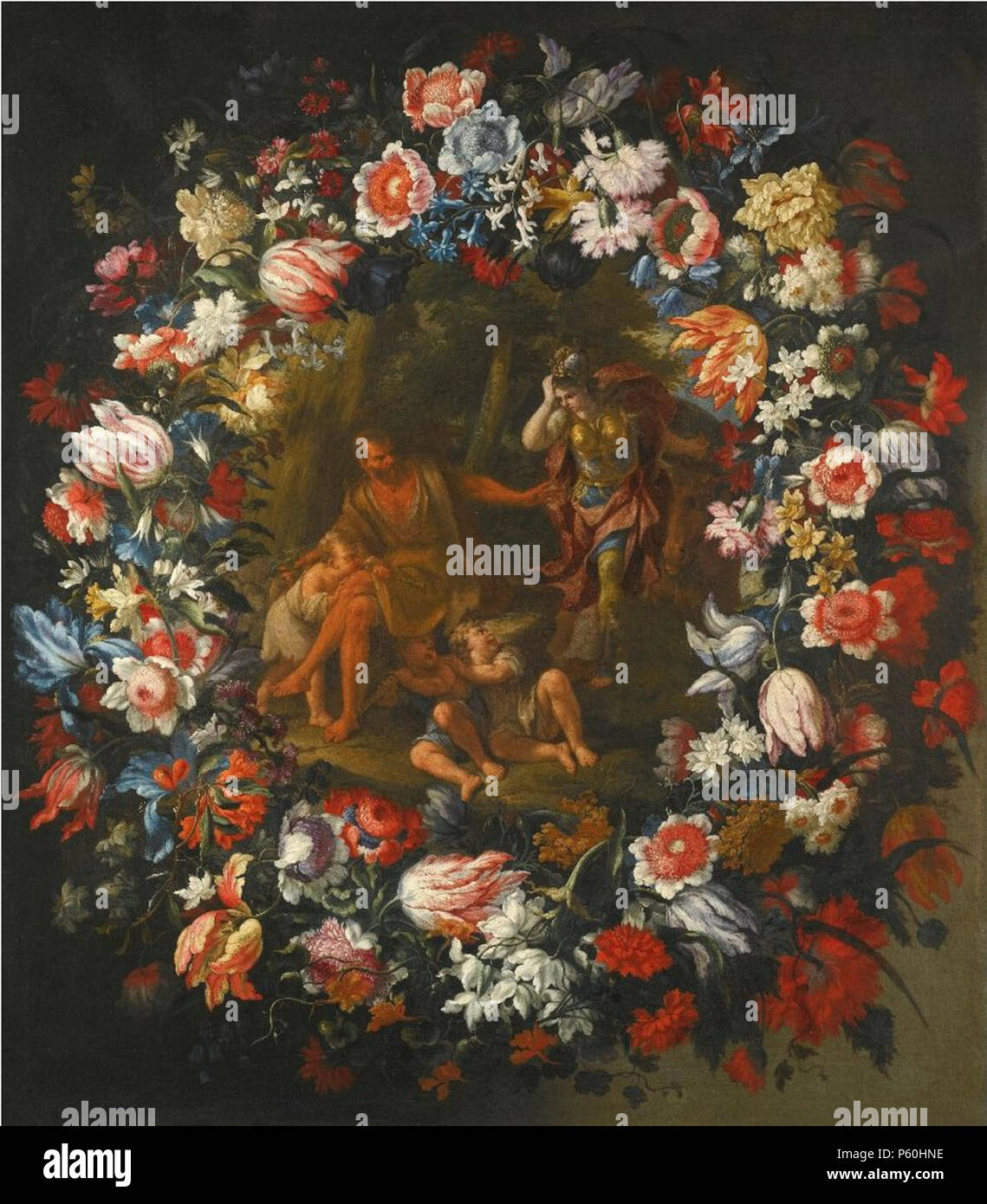 N/A. Anglais : une guirlande de fleurs autour d'une scène représentant le berger par Erminia et Mario Nuzzi, appelé Mario de' Fiori, huile sur toile, 102 par 89 cm. . Mario Nuzzi, appelé Mario de' Fiori 522 Erminia et le berger de Mario Nuzzis Banque D'Images