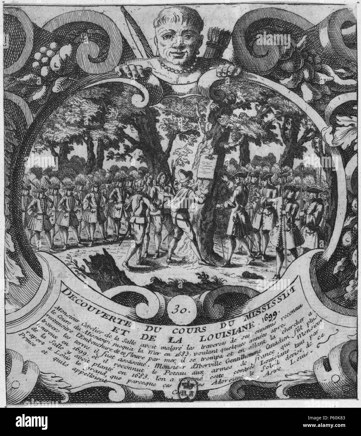 N/A. English : Estampe rappelant l'exploration du Mississippi et la fondation de la Louisiane par Cavelier de La Salle et d'Iberville. 1699. Anglais : Imprimer rappelant l'exploration du Mississipi par Cavelier de La Salle et Iberville se référant à son successeur dans la région. 1699. Traduction approximative : découverte du Mississippi et de la Louisiane. 1699. M. Cavelier de La Salle avait exploré, malgré ses ennemis, le fleuve Mississippi jusqu'à la mer qui veulent quelques années plus tard, en reconnaissant l'embouchure de la rivière par la mer, il a été assassiné. M. D'Iberville gentleman canadien, encore plus la chance Banque D'Images