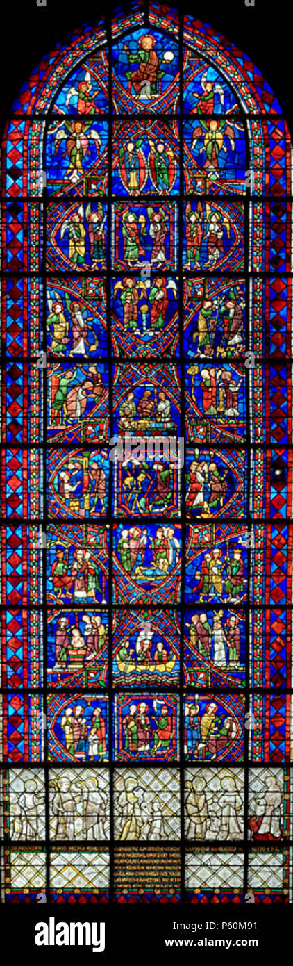 N/A. Vitraux Chartres 36 - Fenêtre Theirry de grisailles / La vie de St Apollinaire / la hiérarchie céleste . 2011. Dr Stuart Premier maître Whatling 333 Chartres 036 Bay St Apollinaire pleine Banque D'Images