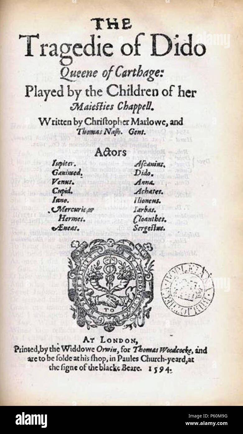 N/A. Anglais : page de titre de Didon reine de Carthage par Ch. Marlowe . 10 mars 2009. Christopher Marlowe et Thomas Nashe 452 Didon1594titlepage Banque D'Images