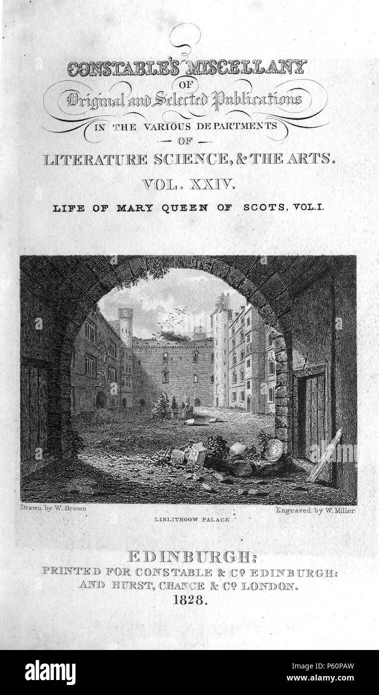 N/A. Le Palais de Linlithgow, gravée par William Miller après W Brown de 'l'agent's Miscellany de l'original et une sélection de publications dans les divers départements de la littérature, les sciences et les arts : Volume XXIV Vie de Marie, Reine des Écossais, Vol 1' (imprimé d'Édimbourg pour Archibald Constable & Co, et Hurst, Robinson & Co, London 1828) . 1828. William Miller (1796-1882) Noms alternatifs William Frederick J Miller, William Frederick, J Miller graveur écossais Description Date de naissance/décès 28 MAI 1796 20 janvier 1882 Lieu de naissance/décès Sheffield Édimbourg contrôle d'autorité : Q25 Banque D'Images