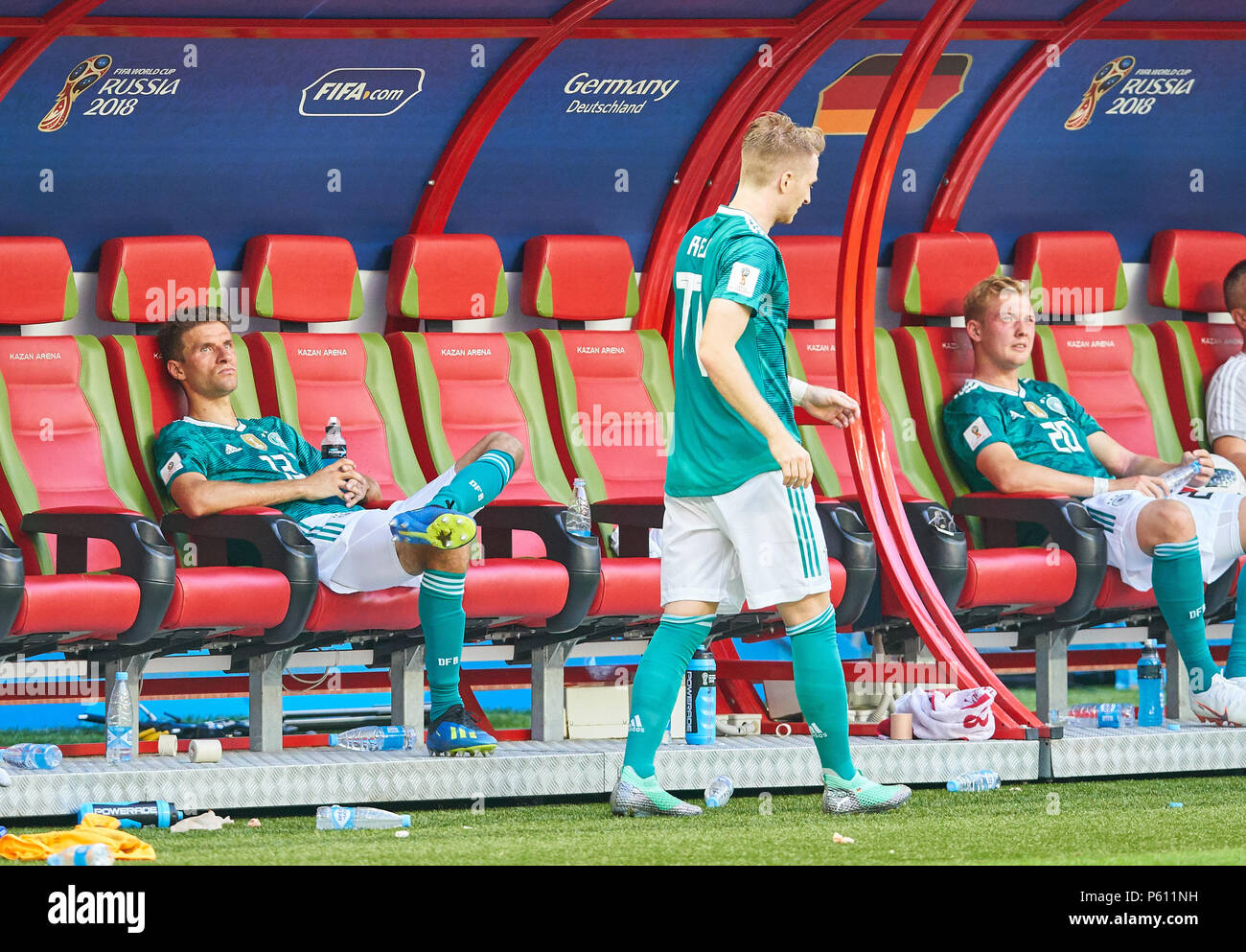 Allemagne - Corée du sud, football, Kazan, 27 juin 2018, Marco REUS, 11 Thomas Mueller, dfb DFB DFB 13 Julian BRANDT, 20 Triste, Déçu, en colère, d'émotions, de déception, de frustration, frustration, tristesse, désespoir, désespoir, ALLEMAGNE - RÉPUBLIQUE DE CORÉE 0-2 FIFA World Cup 2018 la Russie, Groupe F, de la saison 2018/2019, le 27 juin 2018 K un stade z a n - a r e n a à Kazan, Russie. © Peter Schatz / Alamy Live News Banque D'Images