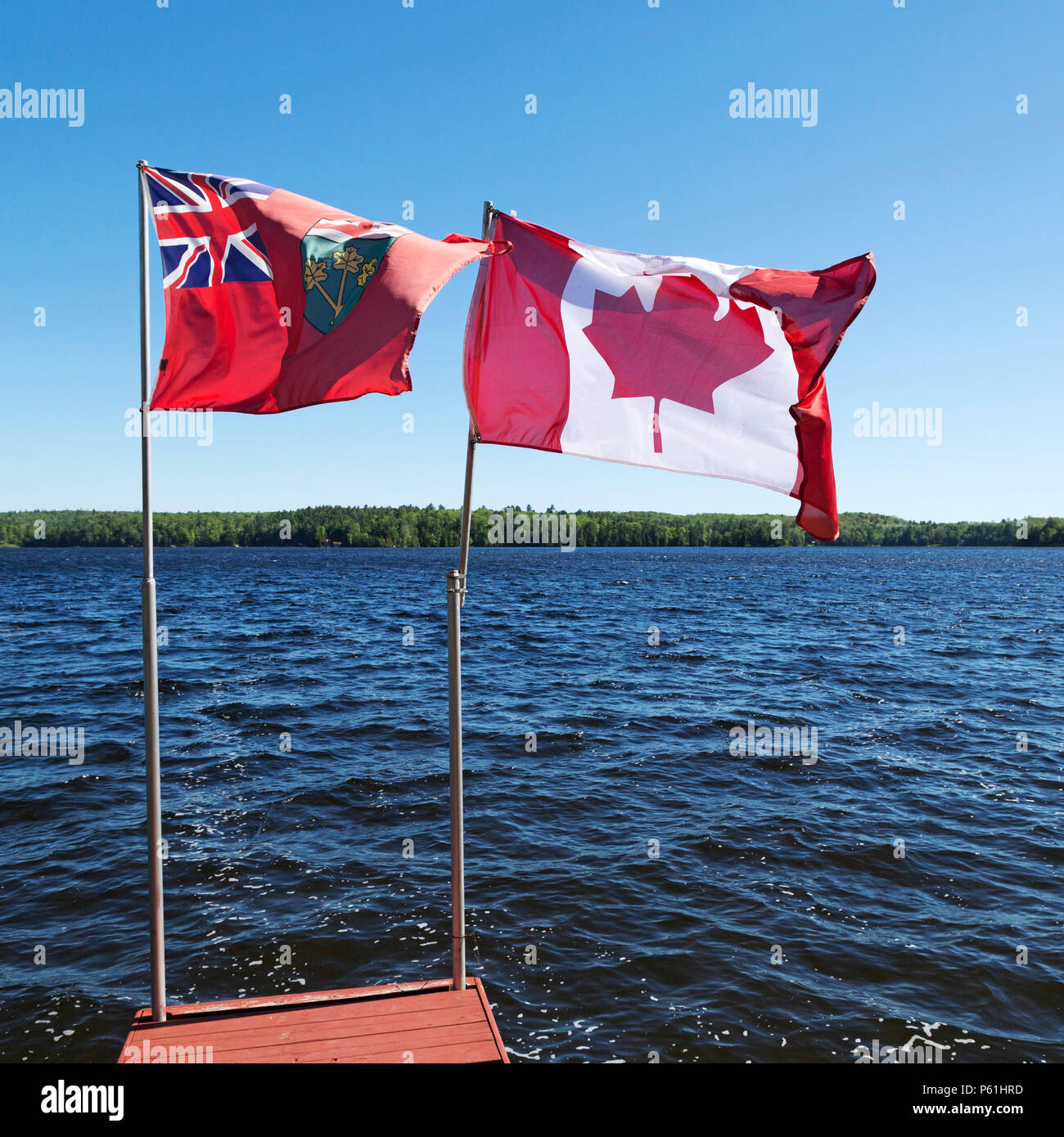 Les drapeaux de la province de l'Ontario et du Canada par avion en Lake en Ontario, Canada. Les drapeaux canadiens porte une feuille d'érable emblème. Banque D'Images