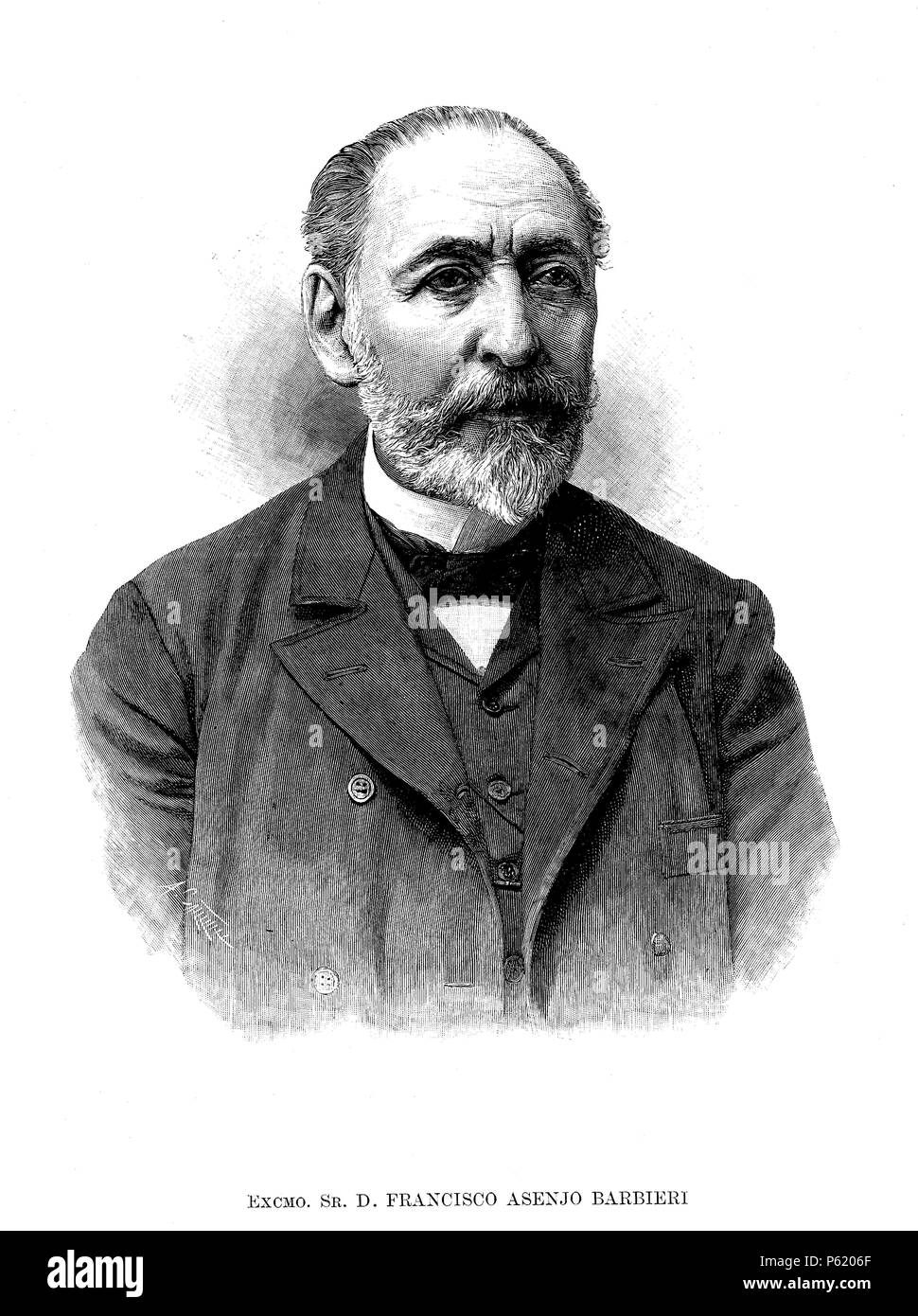 Francisco Asenjo Barbieri (Madrid, 1823-1894), le compositeur, l'historiador y musicólogo castellano. La gravure de 1892. Banque D'Images