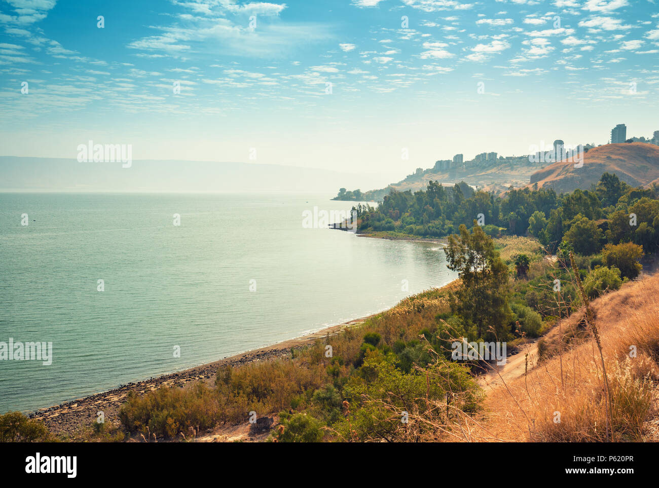 Skyline, vue de Tibériade en Galilée, la Mer de Galilée, le lac de Génésareth, Israël Banque D'Images