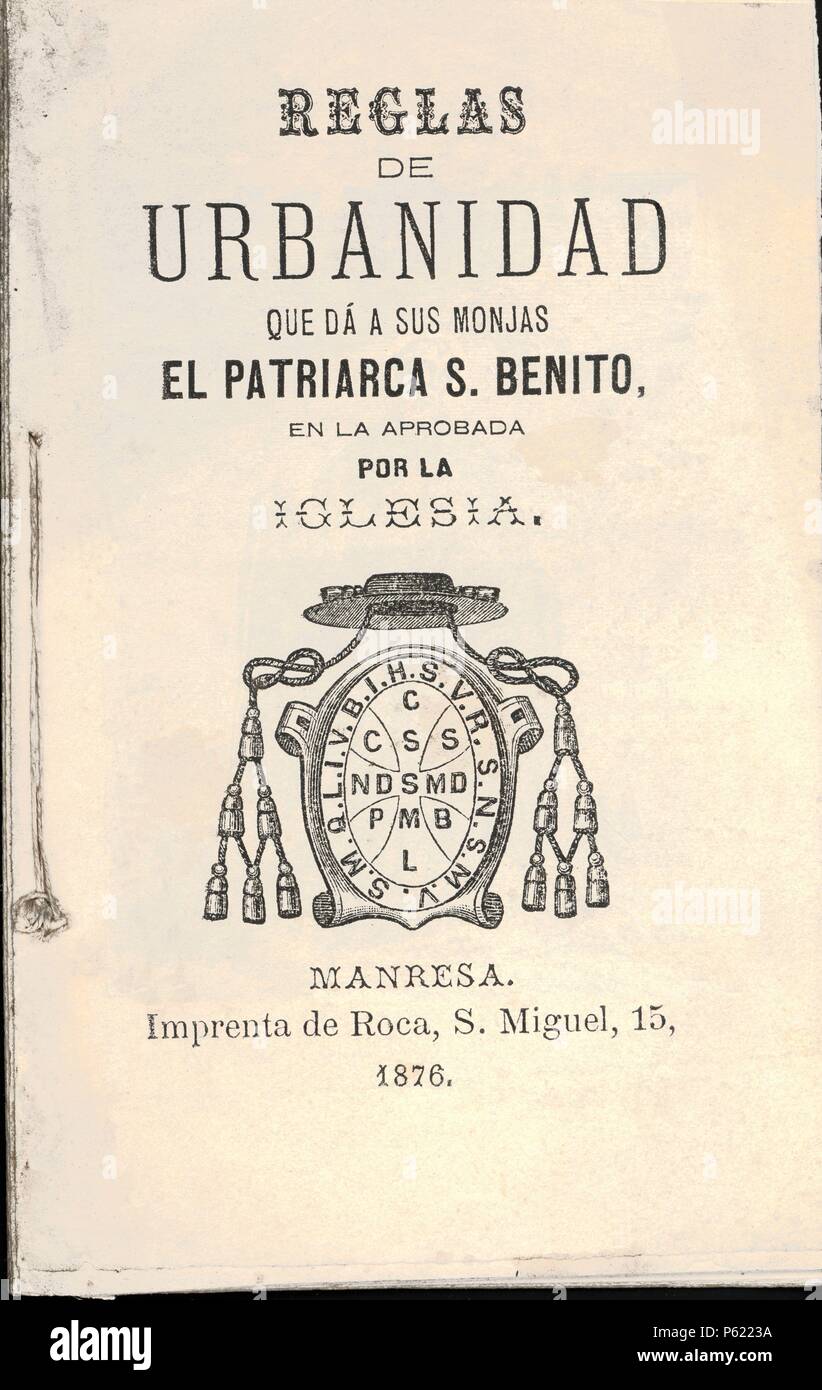 Libro de texto. Reglas de Urbanidad dirigido a las Monjas benedictinas. Manresa, Imprenta de Roca. Año 1876. Banque D'Images