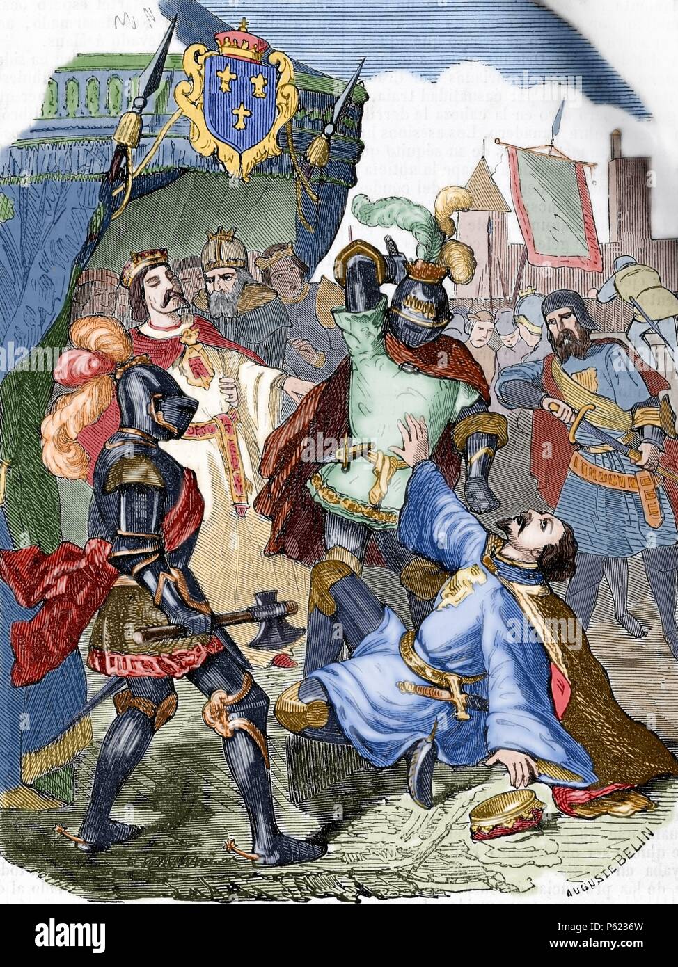 Charles le Téméraire (1433-1477). Assassinat du duc de Bourgogne sur le pont de Montereau. Gravure par Auguste Belin. De couleur. Banque D'Images