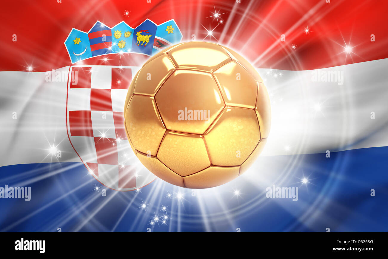 Ballon de soccer d'or illuminé d'étoiles sur un drapeau de la Croatie. Champion du monde. 3D illustration Banque D'Images