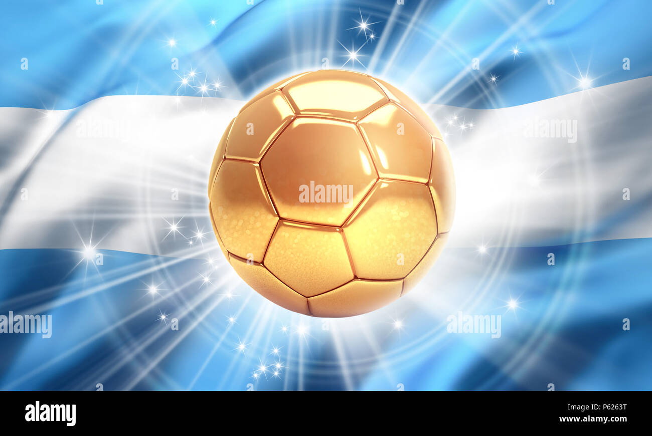 Ballon de soccer d'or illuminé d'étoiles sur un drapeau de l'Argentine. Champion du monde. 3D illustration Banque D'Images