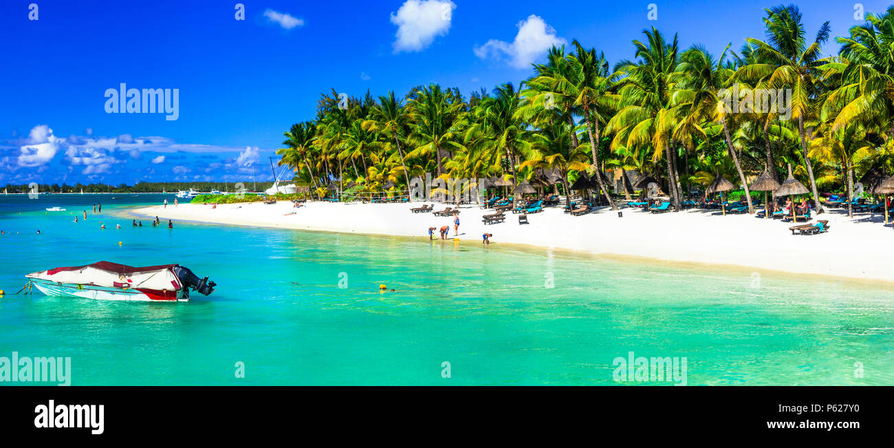 La mer d'azur, sable blanc et de palmiers, l'île Maurice. Banque D'Images