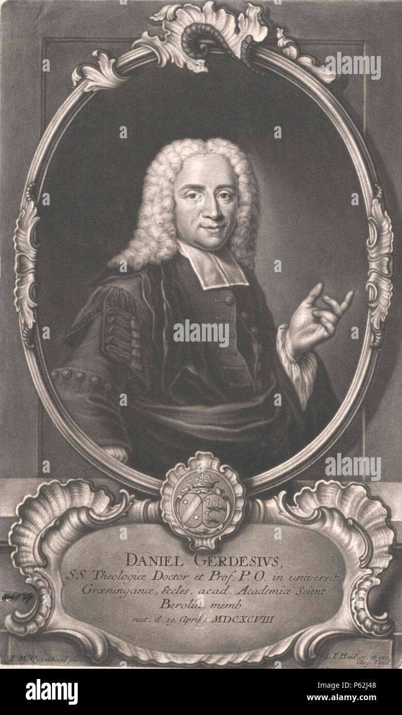 N/A. Daniel Gerdes (1698-1765), Deutscher reformierter Theologe . 1748. gezeichnet : Jan Maurits Quinkhard (1688-1772), peintre néerlandais Description miniaturiste, graveur et peintre d'ornement Date de naissance/Décès 28 Janvier 1688 11 novembre 1772 Lieu de naissance/décès Rees Amsterdam période de travail entre vers 1710 et vers 1772 L'emplacement de travail Amsterdam (ca. 1710-1772), Utrecht contrôle d'autorité : Q6149476 VIAF:71665239 ISNI:0000 0000 6663 949X ULAN:500000622 RCAC:no2015128963 GND:124455336 gestochen WorldCat : Johann Jakob Haid (1704-1767) Noms alternatifs Johann Jakob Ha Banque D'Images