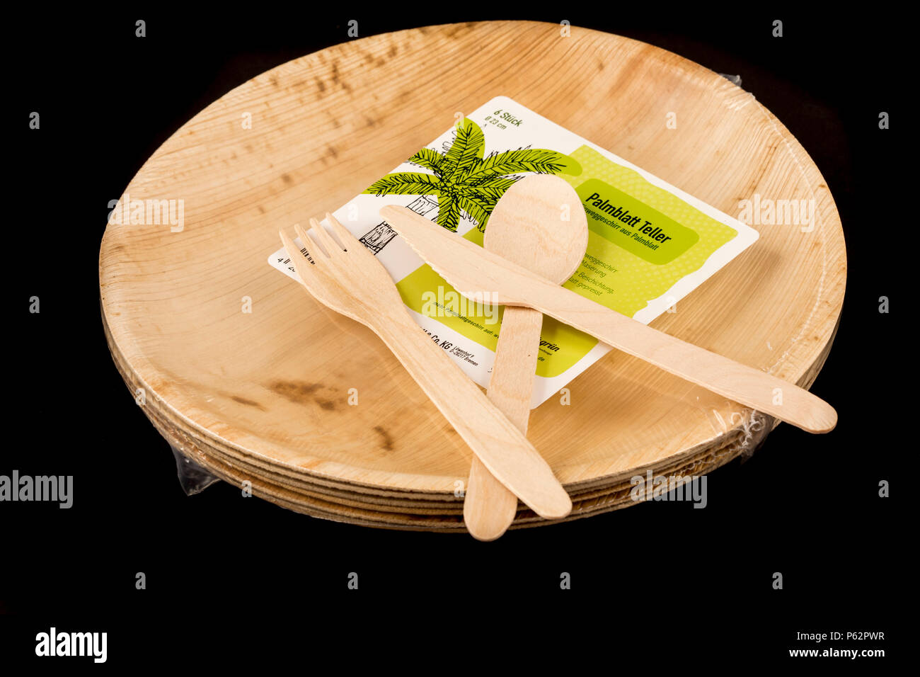 Einwegbesteck aus Holz, recyclebar, Teller, Palmblättern umweltfreundlich, aus Banque D'Images