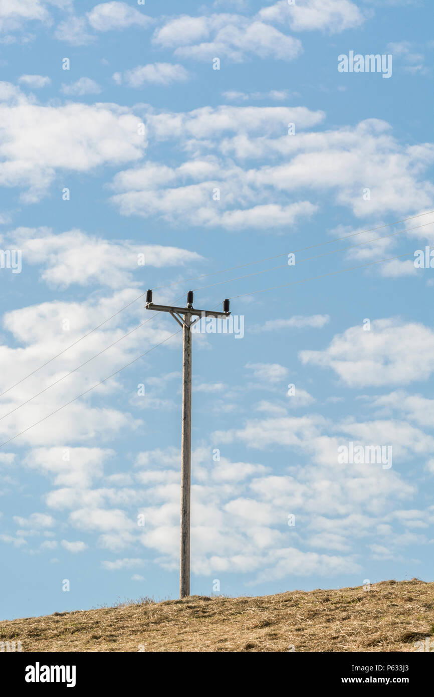 La distribution de l'électricité domestique dans un poteau de ligne de champ de foin en été, avec ciel bleu et nuages duveteux. Concept d'électricité des ménages. Banque D'Images