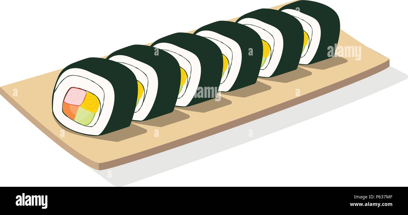 Fabricants de sushi roll sur plaque de bois, isolée vector art Illustration de Vecteur