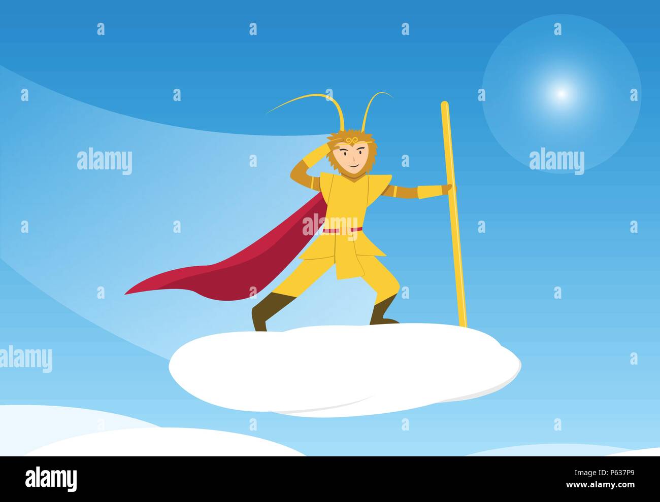 Sun Wukong, le Roi Singe voyageant à nuage ciel, vector art Illustration de Vecteur