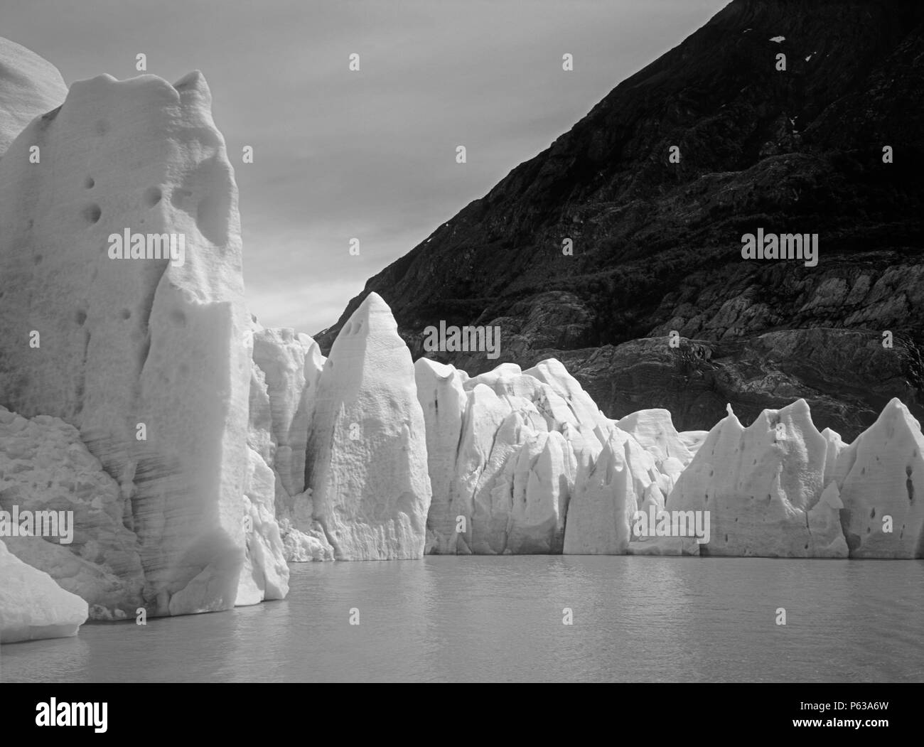 Le grand mur de glace de glacier Grey alors qu'il entre dans le lac Grey DANS LE PARC NATIONAL DES TORRES DEL PAINE, CHILI - PATAGONIE Banque D'Images