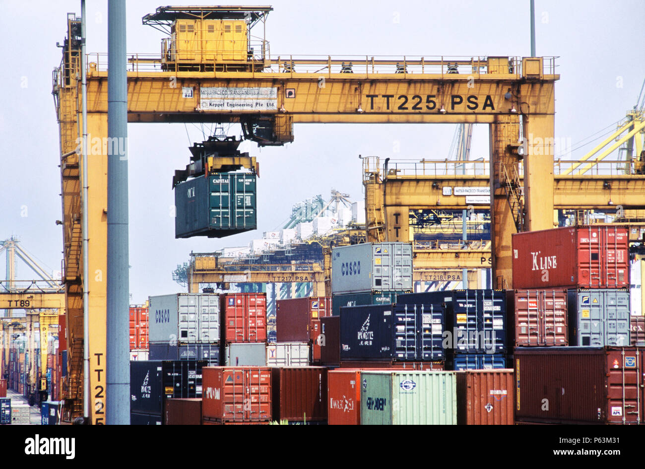 Port of Singapore Authority grues à conteneurs PSA L'empilage des milliers de conteneurs qui transitent par le débit le plus important d'AEC de manutention de conteneurs Banque D'Images