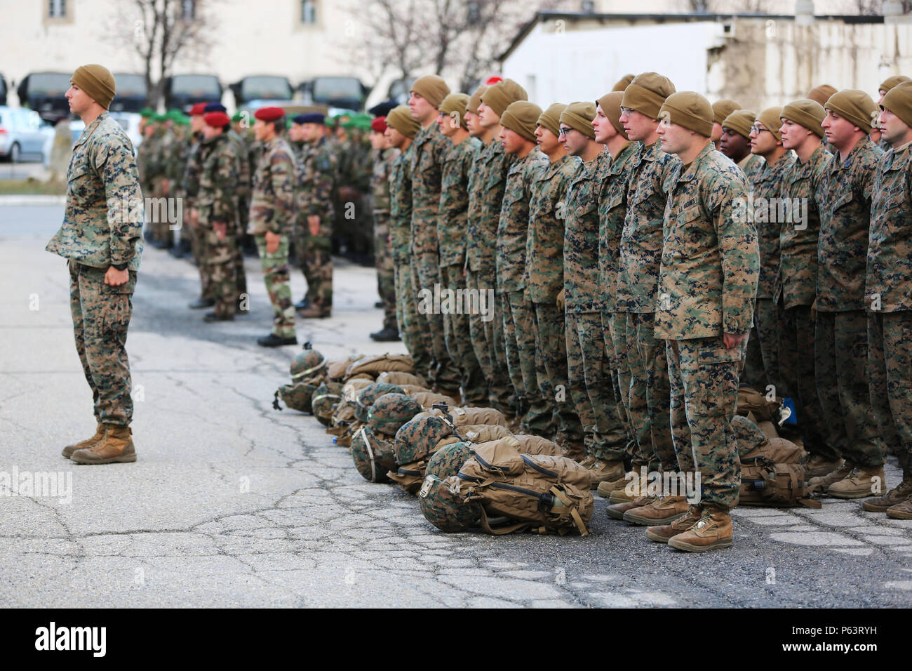 Instructeurs Commando français et de Marines américains avec la compagnie Bravo, 1er Bataillon, 8e Régiment de Marines, outillage spécial air-sol marin Réponse Force-Crisis Tâche- Afrique s'élèvent à l'attention du lever du drapeau français à l'échelle nationale Centre de formation Commando, France, Avril 4, 2016. La formation commando français n'est qu'un exemple de la poursuite du partenariat entre le français et l'armée américaine pour soutenir le SPMAGTF-CR-AF mission. (U.S. Marine Corps photo par le Sgt. Kassie L. McDole/libérés) Banque D'Images