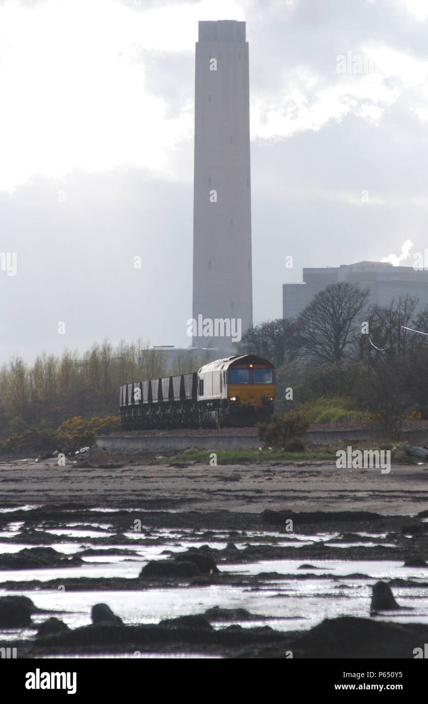 Une locomotive diesel de la classe 66 au moyen des courbes de Culross avec une rame vide mgr de Longannet power station de revenir à l'achat de carburant Hunterston. Ap Banque D'Images