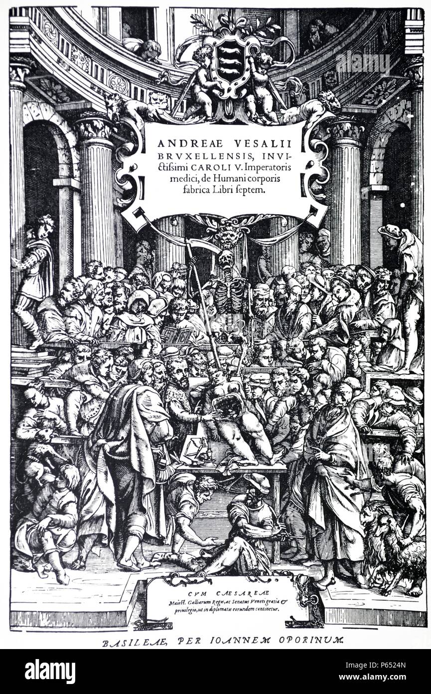 Page de titre de la seconde édition de l''De Humani Corporis Fabrica' par Andreas Vesalius, (1514-1564), la plaque 3, 1555. Banque D'Images