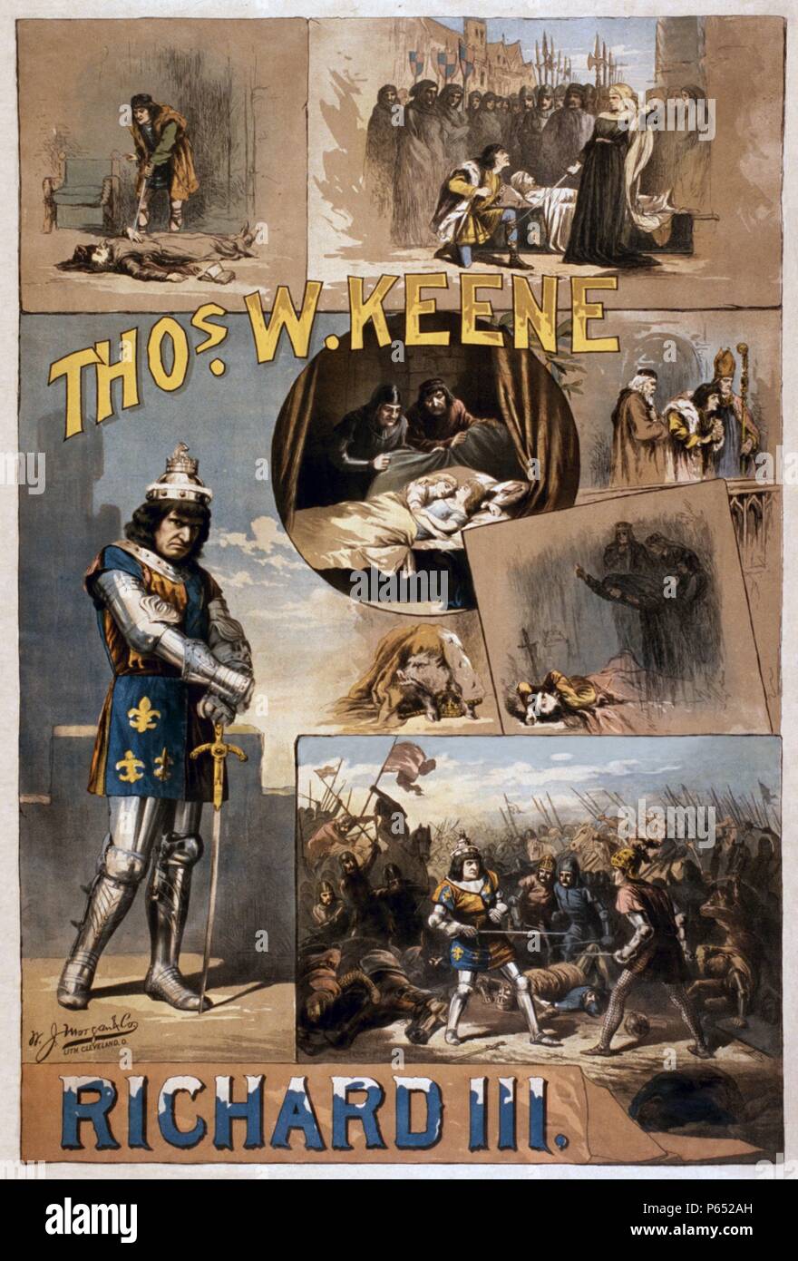 1884 affiche publicitaire de la production américaine de la pièce Richard II de Shakespeare, montrant de nombreuses scènes clés Banque D'Images
