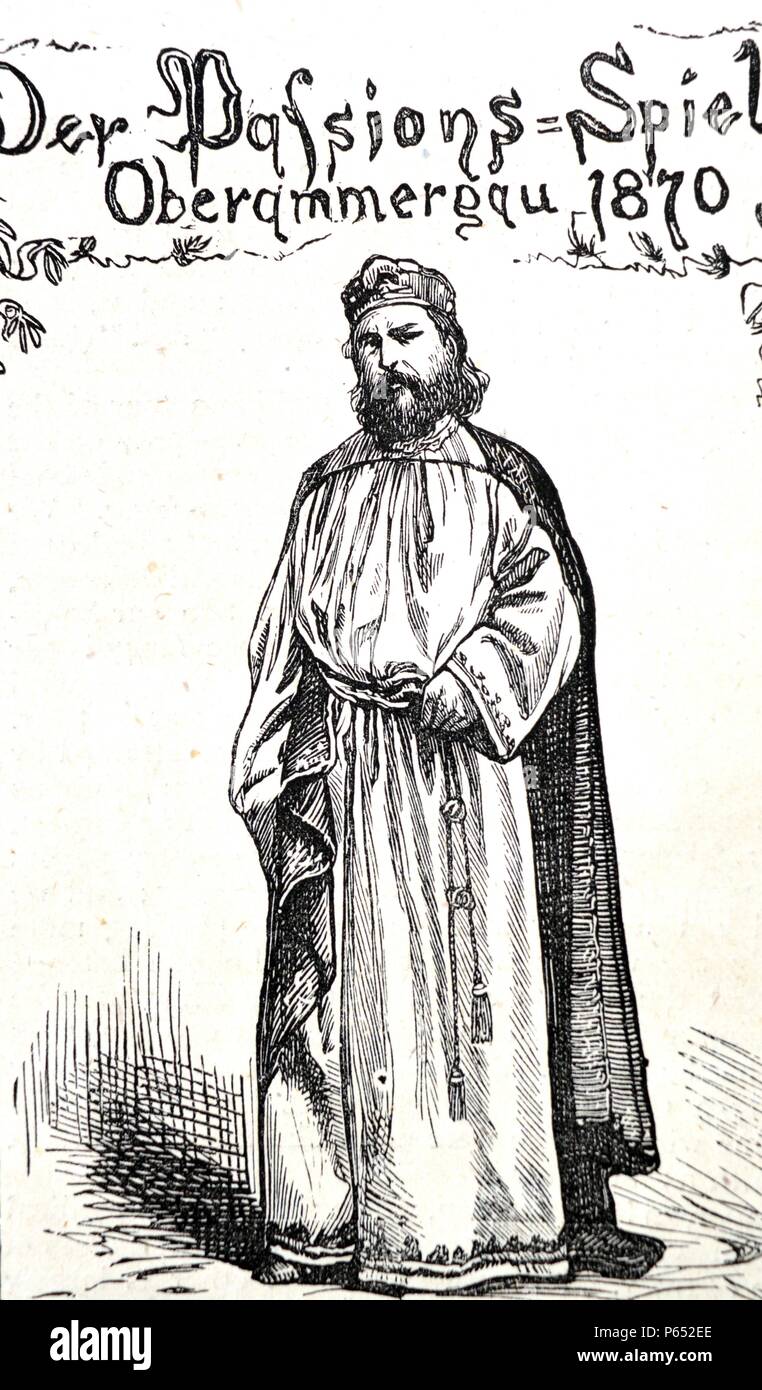Détail de l'affiche publicitaire de la Passion Play bavarois ; une présentation dramatique illustrant la Passion de Jésus Christ : son procès, la souffrance et la mort. Le caractère indiqué dans ce détail est "Leader de la Chorale' joué par Johann Diemer. L'antisémitisme a joué un rôle important dans jeu de la Passion. Datée 1870 Banque D'Images