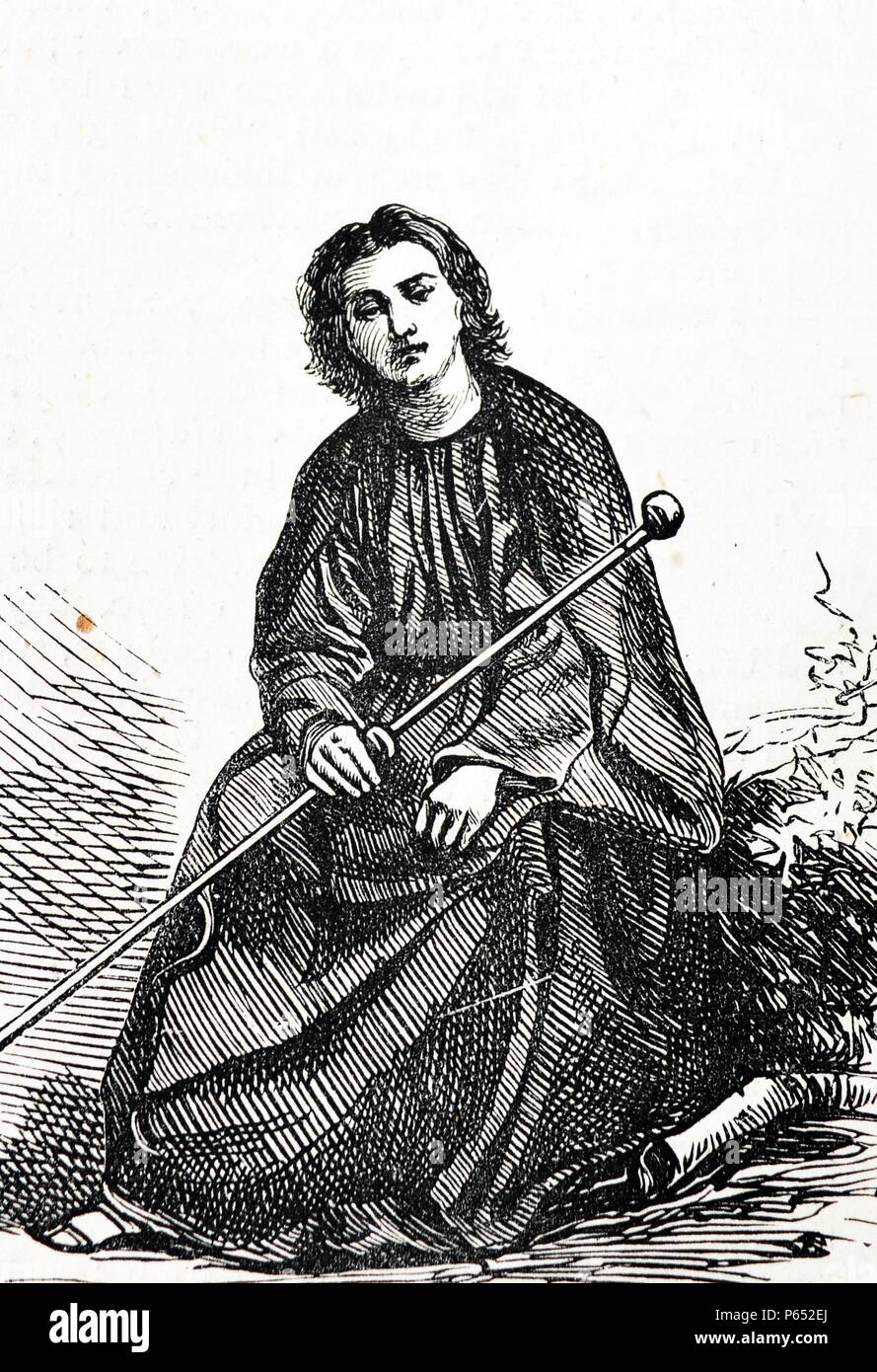 Détail de l'affiche publicitaire de la Passion Play bavarois ; une présentation dramatique illustrant la Passion de Jésus Christ : son procès, la souffrance et la mort. Le caractère indiqué dans ce détail est 'St. John' joué par Johann Zwink. L'antisémitisme a joué un rôle important dans jeu de la Passion. Datée 1870 Banque D'Images
