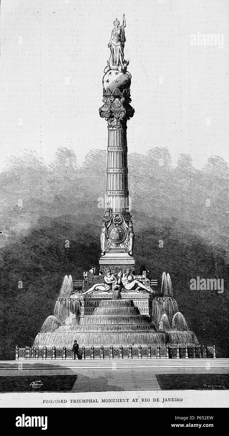 Gravure d'un projet de monument triomphal à Rio de Janeiro, Brésil. Datée 1870 Banque D'Images